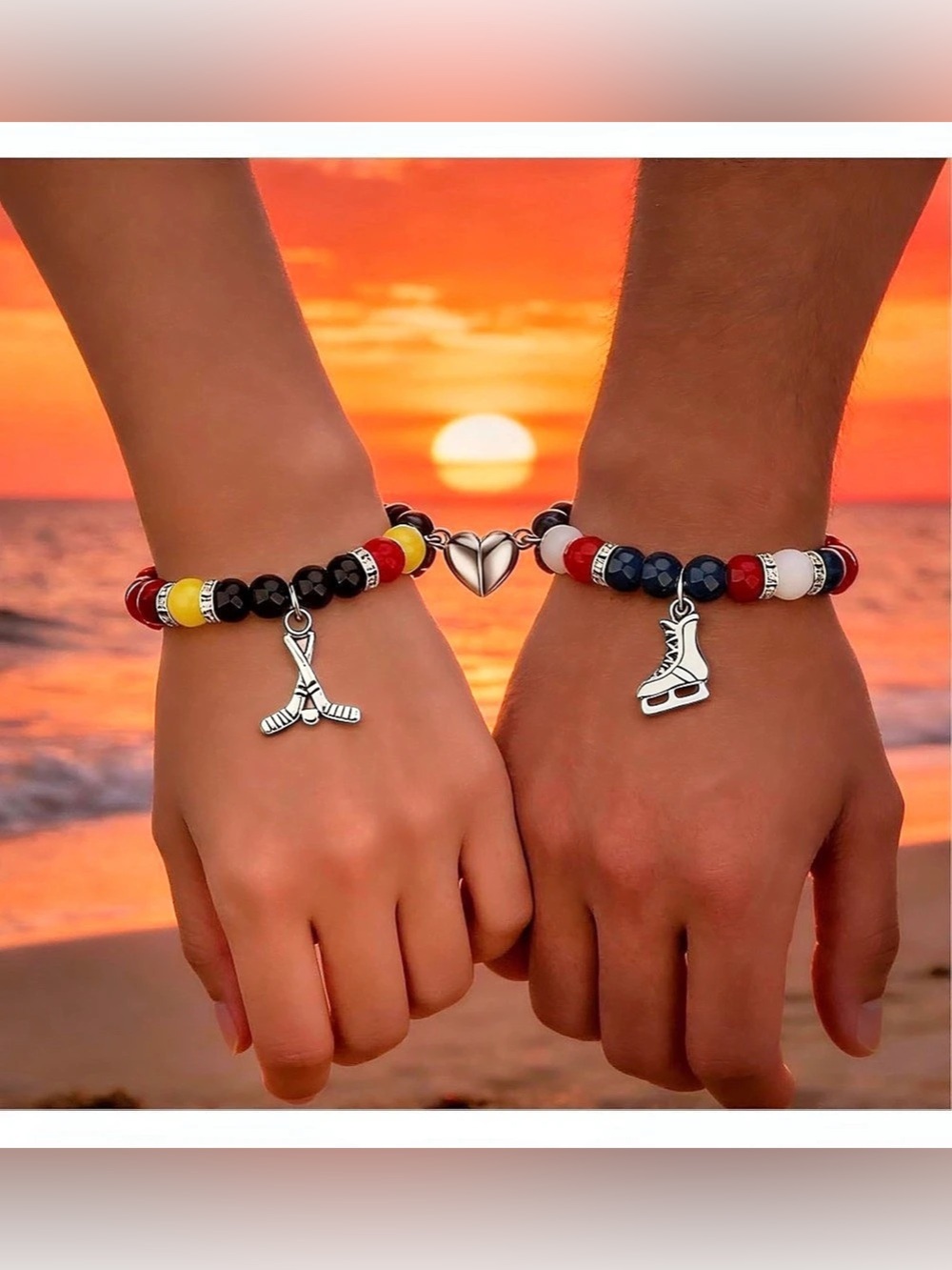 Friendship Beaded Bracelet Set with Hockey Stick & Ice Skate Charms Magnetic Hea
